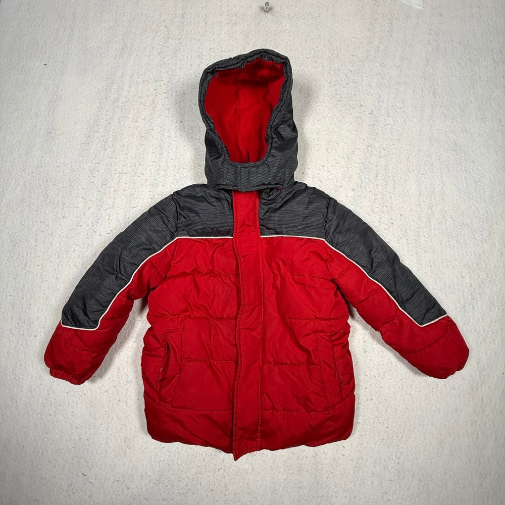 Kids Red and Gray Insulated Hooded Puffer Jacket Reflective Trim Size 5/6